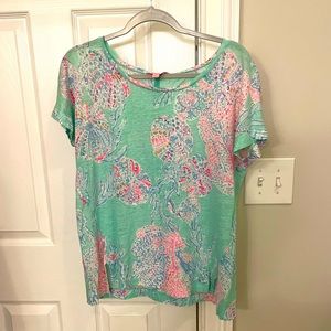 Lilly Pulitzer Mikela Coral print Linen Top Minty Fresh Fansea